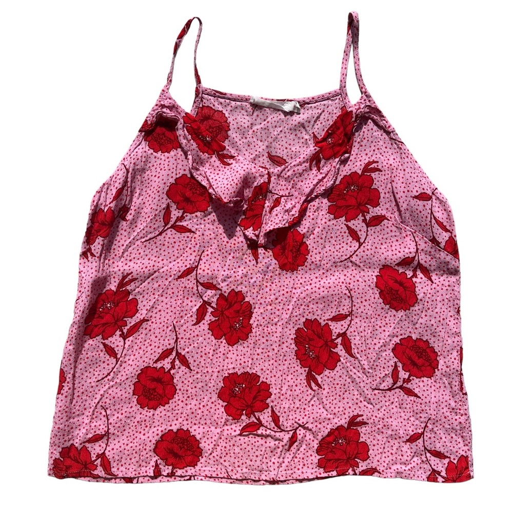 Lush Women’s Size Medium Pink Coral Floral Dot Patterned Ruffle Cropped Tank Top